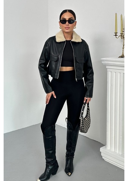 Kadın Crop Ceket Suni Deri Yakası Kürklü Fermuarlı Çift Cepli Kısa Deri Mont indirimleri