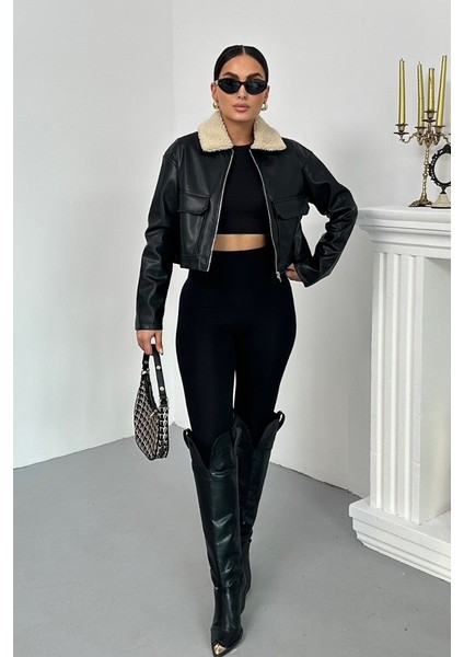 Kadın Crop Ceket Suni Deri Yakası Kürklü Fermuarlı Çift Cepli Kısa Deri Mont