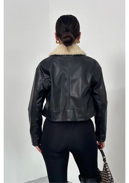 Kadın Crop Ceket Suni Deri Yakası Kürklü Fermuarlı Çift Cepli Kısa Deri Mont