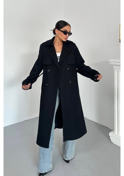 Kadın Kaban Uzun Kaşe Kuşaklı Düğmeli Cepli Kruvaze Premium Kaban