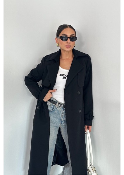 Kadın Kaban Uzun Kaşe Kuşaklı Düğmeli Cepli Kruvaze Premium Kaban fırsatları