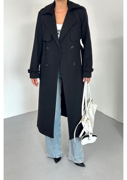 Kadın Kaban Uzun Kaşe Kuşaklı Düğmeli Cepli Kruvaze Premium Kaban indirimleri