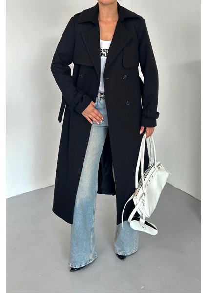 Kadın Kaban Uzun Kaşe Kuşaklı Düğmeli Cepli Kruvaze Premium Kaban