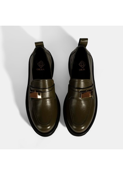 Kadın Yeşil Metal Toka Aksesuarlı Deri Loafer