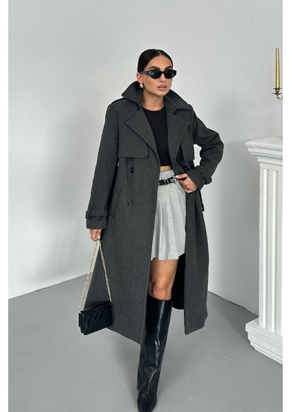 Kadın Kaban Uzun Kaşe Kuşaklı Düğmeli Cepli Kruvaze Premium Kaban