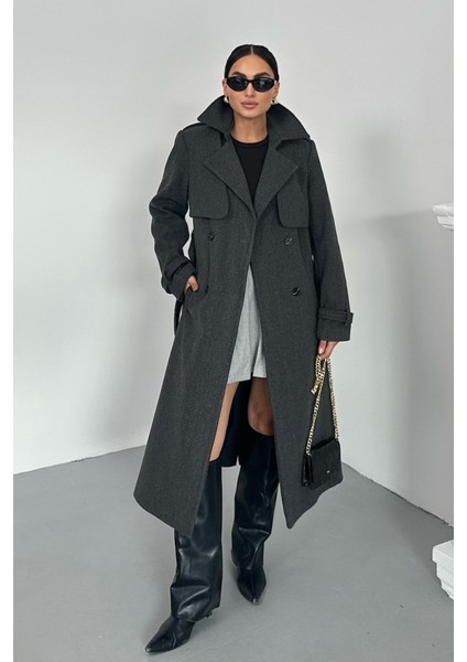 Kadın Kaban Uzun Kaşe Kuşaklı Düğmeli Cepli Kruvaze Premium Kaban fiyatları