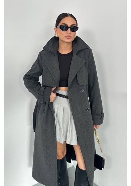 Kadın Kaban Uzun Kaşe Kuşaklı Düğmeli Cepli Kruvaze Premium Kaban fırsatları