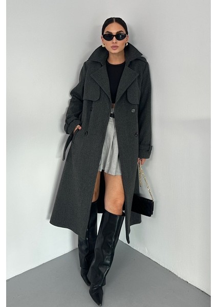 Kadın Kaban Uzun Kaşe Kuşaklı Düğmeli Cepli Kruvaze Premium Kaban indirimleri