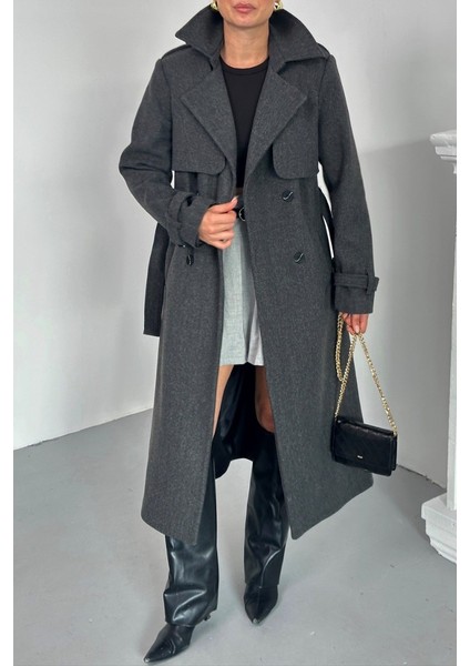 Kadın Kaban Uzun Kaşe Kuşaklı Düğmeli Cepli Kruvaze Premium Kaban