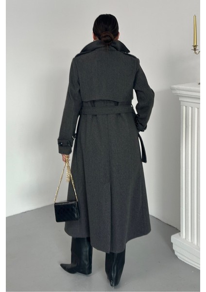 Kadın Kaban Uzun Kaşe Kuşaklı Düğmeli Cepli Kruvaze Premium Kaban