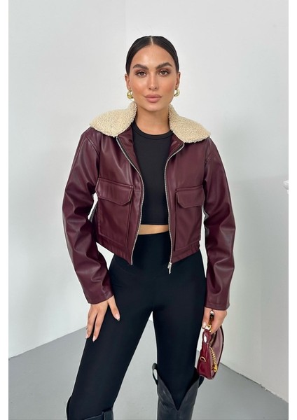 Kadın Crop Ceket Suni Deri Yakası Kürklü Fermuarlı Çift Cepli Kısa Deri Mont