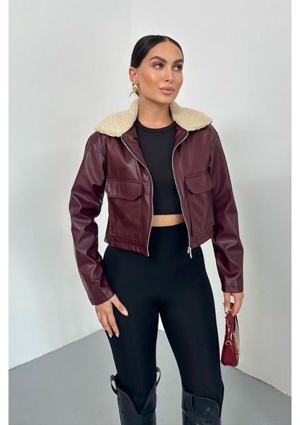 Kadın Crop Ceket Suni Deri Yakası Kürklü Fermuarlı Çift Cepli Kısa Deri Mont fiyatları