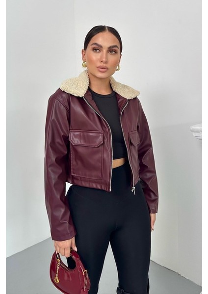 Kadın Crop Ceket Suni Deri Yakası Kürklü Fermuarlı Çift Cepli Kısa Deri Mont modelleri