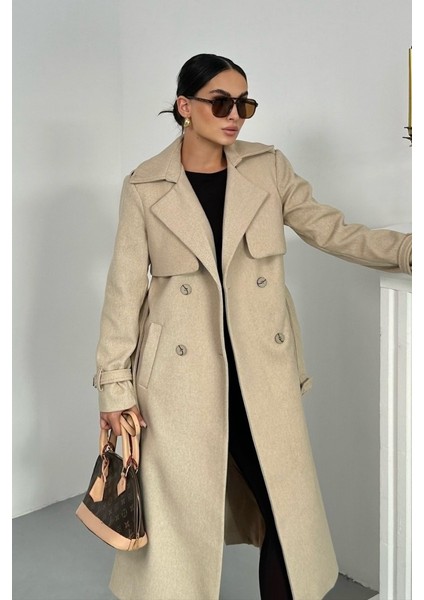 Kadın Kaban Uzun Kaşe Kuşaklı Düğmeli Cepli Kruvaze Premium Kaban fiyatları