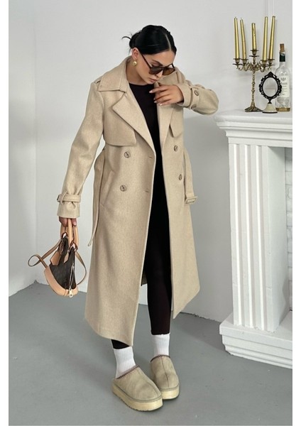 Kadın Kaban Uzun Kaşe Kuşaklı Düğmeli Cepli Kruvaze Premium Kaban modelleri