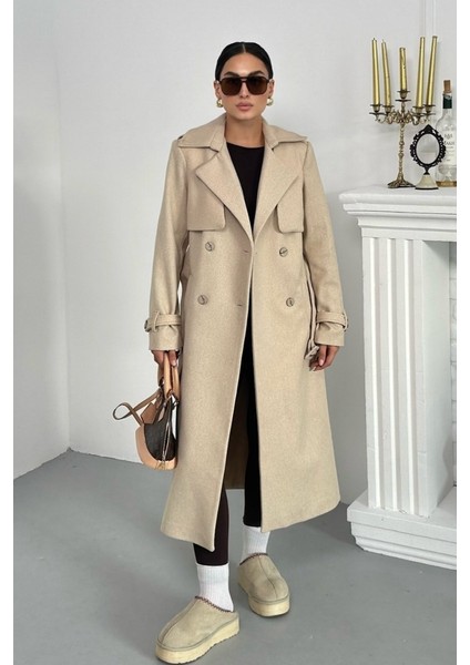 Kadın Kaban Uzun Kaşe Kuşaklı Düğmeli Cepli Kruvaze Premium Kaban fırsatları