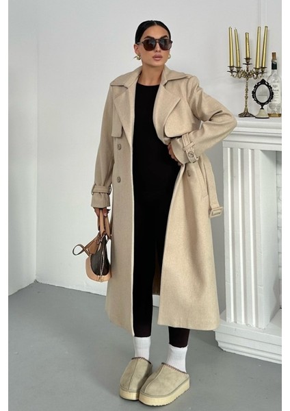 Kadın Kaban Uzun Kaşe Kuşaklı Düğmeli Cepli Kruvaze Premium Kaban indirimleri