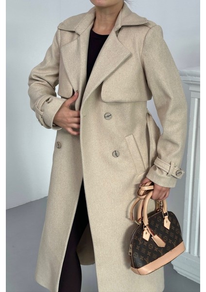 Kadın Kaban Uzun Kaşe Kuşaklı Düğmeli Cepli Kruvaze Premium Kaban