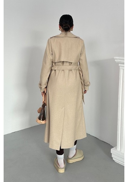 Kadın Kaban Uzun Kaşe Kuşaklı Düğmeli Cepli Kruvaze Premium Kaban