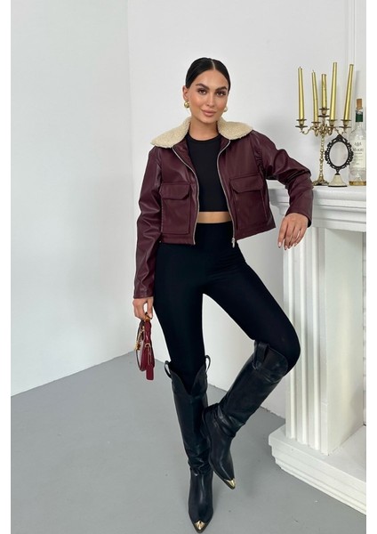 Kadın Crop Ceket Suni Deri Yakası Kürklü Fermuarlı Çift Cepli Kısa Deri Mont fırsatları