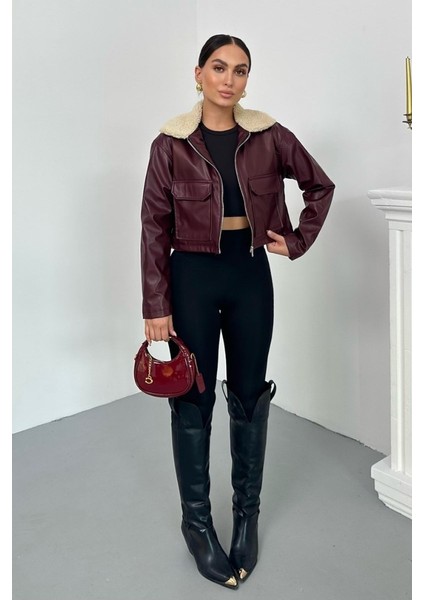 Kadın Crop Ceket Suni Deri Yakası Kürklü Fermuarlı Çift Cepli Kısa Deri Mont indirimleri