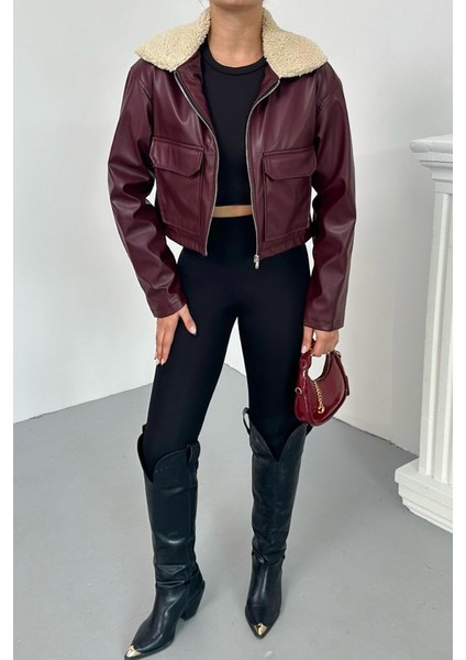 Kadın Crop Ceket Suni Deri Yakası Kürklü Fermuarlı Çift Cepli Kısa Deri Mont