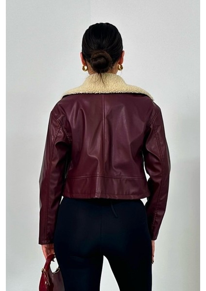 Kadın Crop Ceket Suni Deri Yakası Kürklü Fermuarlı Çift Cepli Kısa Deri Mont