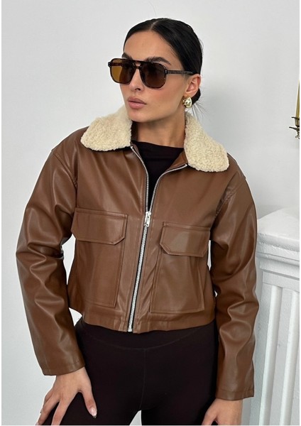 Kadın Crop Ceket Suni Deri Yakası Kürklü Fermuarlı Çift Cepli Kısa Deri Mont