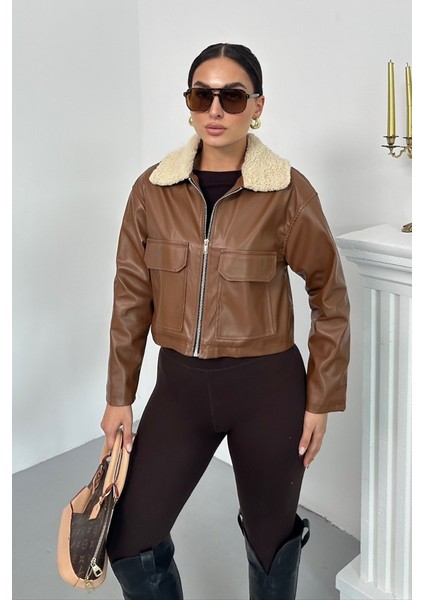 Kadın Crop Ceket Suni Deri Yakası Kürklü Fermuarlı Çift Cepli Kısa Deri Mont fiyatları