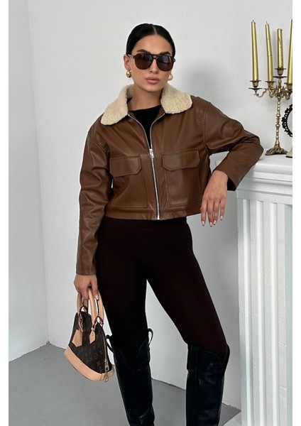 Kadın Crop Ceket Suni Deri Yakası Kürklü Fermuarlı Çift Cepli Kısa Deri Mont fırsatları