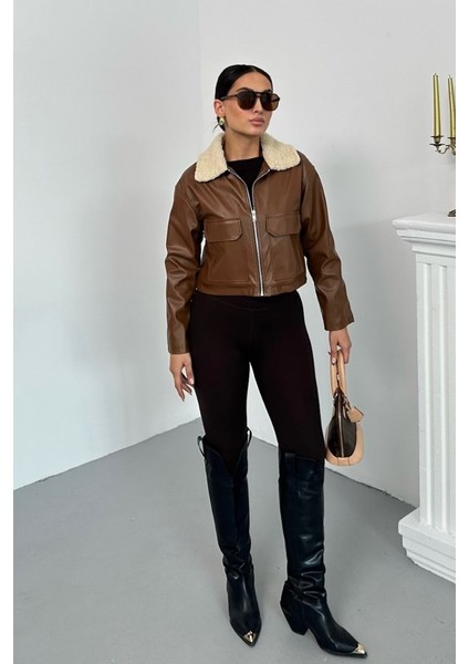 Kadın Crop Ceket Suni Deri Yakası Kürklü Fermuarlı Çift Cepli Kısa Deri Mont indirimleri
