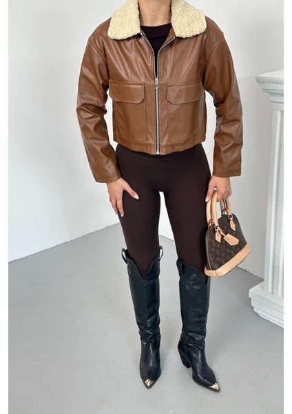 Kadın Crop Ceket Suni Deri Yakası Kürklü Fermuarlı Çift Cepli Kısa Deri Mont