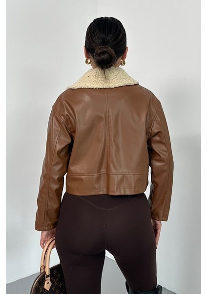 Kadın Crop Ceket Suni Deri Yakası Kürklü Fermuarlı Çift Cepli Kısa Deri Mont