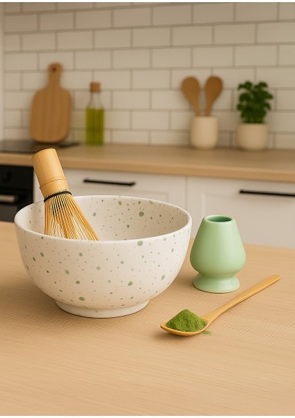 4'lü Mathca Seti - Bambu Matcha Çırpıcı Whisk, Seramik Whisk Tutucu, Mathca Karıştırma Kasesi ve Bambu Scoop Kaşık