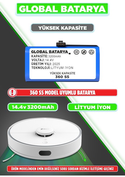 S5 Akıllı Robot Süpürge Bataryası 14.4v 3200mAh Li-ion Pil (Yüksek Kapasite)