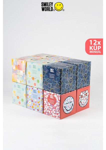 Smileyworld Ultra Yumuşak Kağıt Mendil - Küp Tasarım, 48 Yaprak/ kutu, 12 Kutu/ koli, 8 Tasarım, Ekonomik Kağıt Mendil