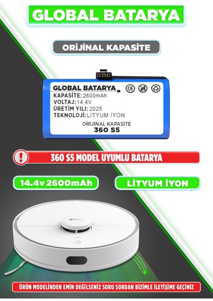 S5 Akıllı Robot Süpürge Bataryası 14.4v 2600mAh Pil Li-ion (Orijinal Kapasite)