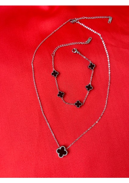 Siyah Yonca Figürlü Çelik Kolye & Bileklik Seti – Paslanmaz Çelik (Kararmaz)-Gümüş Renkli fiyatları