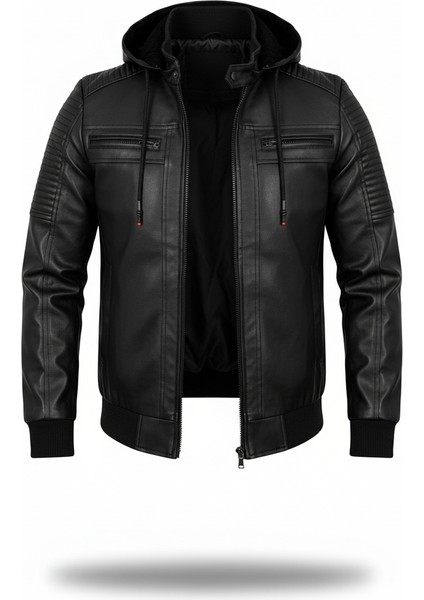 Erkek Siyah Dar Kesim Kapüşonlu Bel Lastikli Ribanalı Deri Ceket & Mont