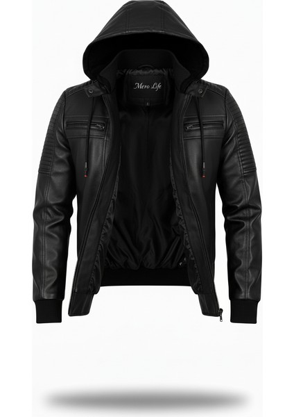 Erkek Siyah Dar Kesim Kapüşonlu Bel Lastikli Ribanalı Deri Ceket & Mont fiyatları