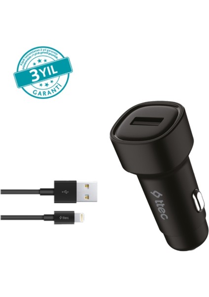 Smartcharger Araç Şarj Aleti, Lightning Kablo, 2.4A, 12 W, Siyah