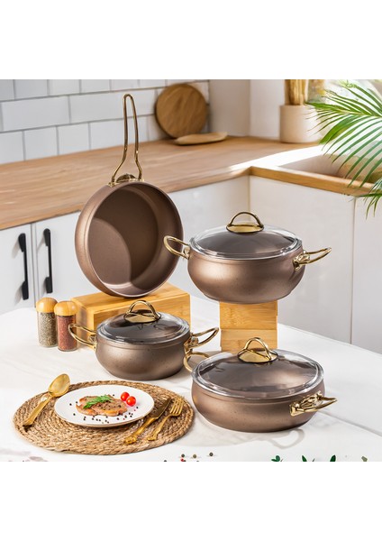 Yonca Güveç 7 Parça Altın Kulp Küre Tencere Seti Bakır