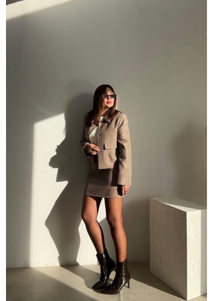 Toprak Ekoseli Etek Ceket Takım