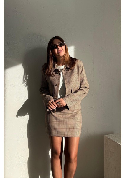 Toprak Ekoseli Etek Ceket Takım