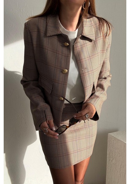 Toprak Ekoseli Etek Ceket Takım