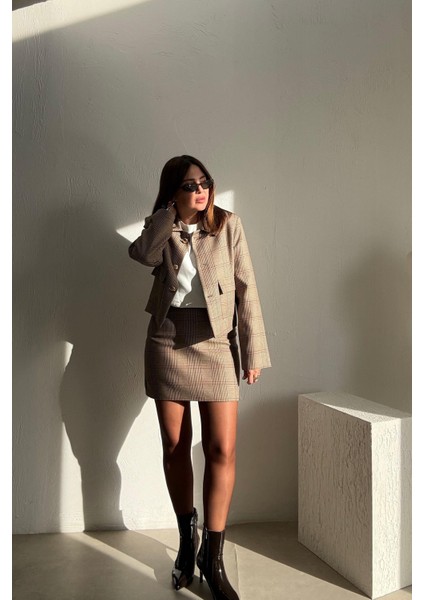 Toprak Ekoseli Etek Ceket Takım