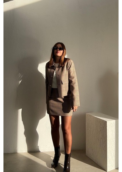 Toprak Ekoseli Etek Ceket Takım