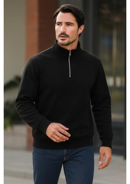 Erkek Trend Premium Siyah Fermuarlı Sweatshirt