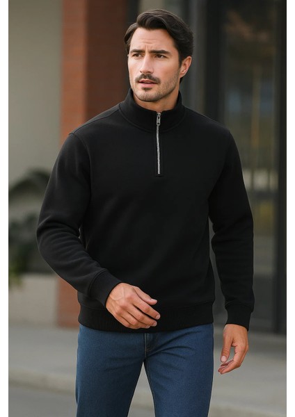 Erkek Trend Premium Siyah Fermuarlı Sweatshirt fiyatları
