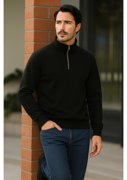 Erkek Trend Premium Siyah Fermuarlı Sweatshirt fırsatları